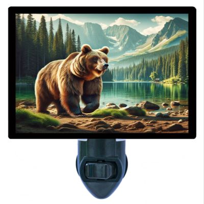 Brown Bear at Lakeside Night Light Wildlife Design, Fully Enclosed, Rotating Plug, Glass Front, 4 Watt Bulb