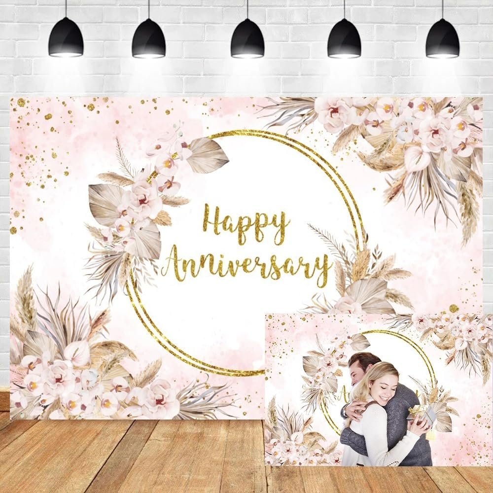 9x6ft Boho Happy Anniversary Backdrop Bohemia Pampas Grass Floral Engagement Banner Cheers to Wedding Anniversary Bridal Shower Party Decorations Blush Pink Floral Photography Background