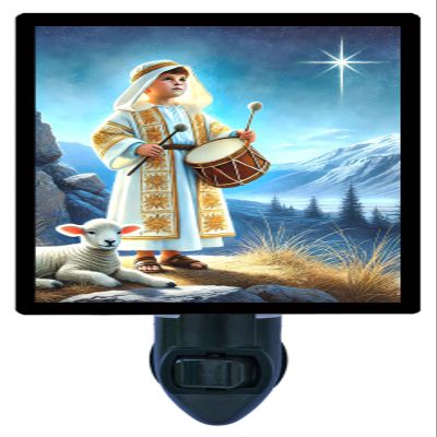 LED Night Light, The Little Drummer Boy Religious Christmas Design, Fully Enclosed, Rotating Plug, Glass Front