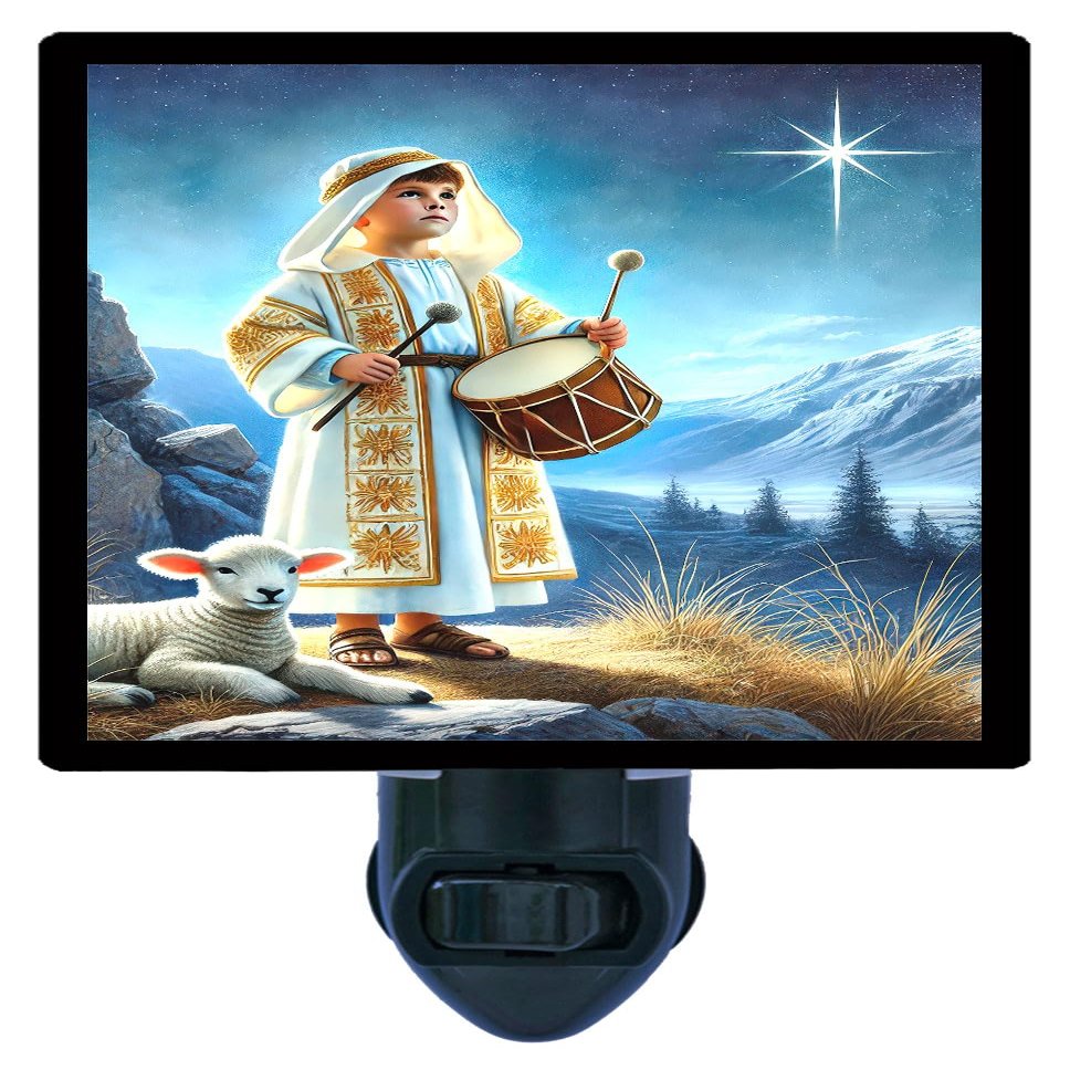 LED Night Light, The Little Drummer Boy Religious Christmas Design, Fully Enclosed, Rotating Plug, Glass Front