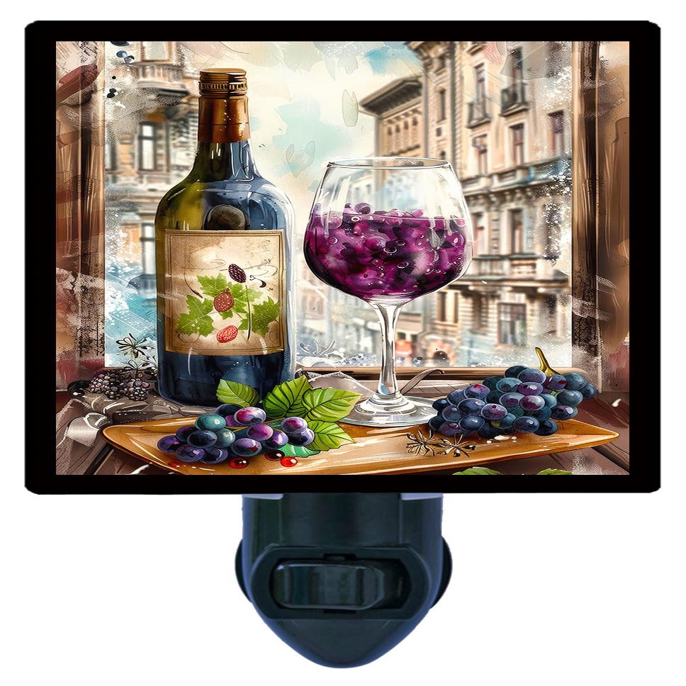LED Night Light, Wine and Grapes Kitchen and Wine Design, Fully Enclosed, Rotating Plug, Glass Front