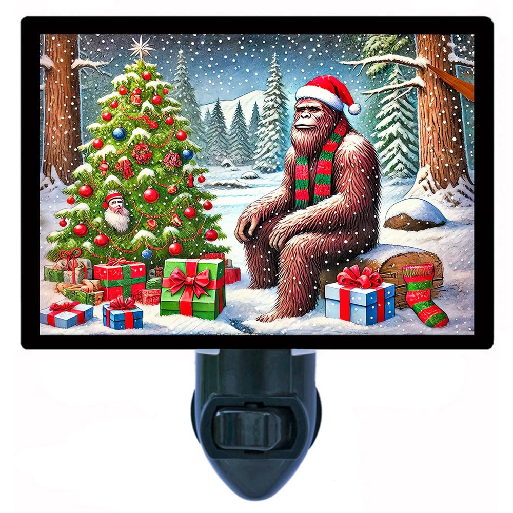 LED Night Light, Bigfoot December Sasquatch Christmas Design, Fully Enclosed, Rotating Plug, Glass Front
