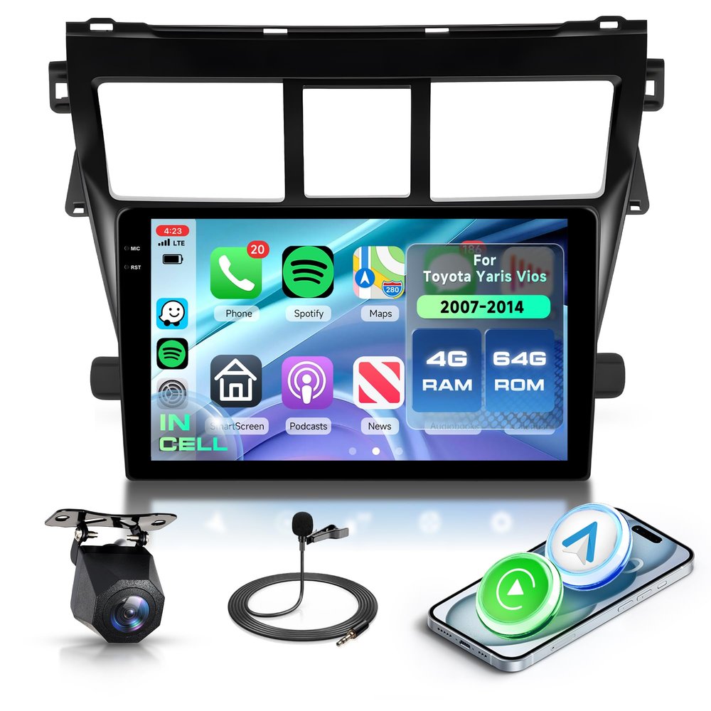 4+64G Android 15 Car Stereo Radio for Toyota Yaris Vios 2007-2014 with Wireless Carplay Android Auto, 9'' in-Cell Screen Head Unit with GPS/Bluetooth 5.0/FM RDS/EQ/Wi-Fi Mirror Link Backup Camera SWC