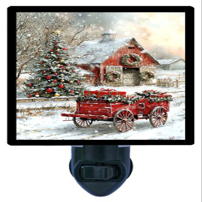 LED Night Light, Holiday Barn Country Christmas Design, Fully Enclosed, Rotating Plug, Glass Front