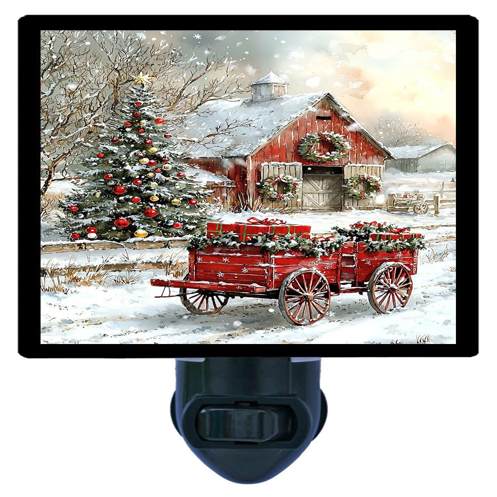 LED Night Light, Holiday Barn Country Christmas Design, Fully Enclosed, Rotating Plug, Glass Front