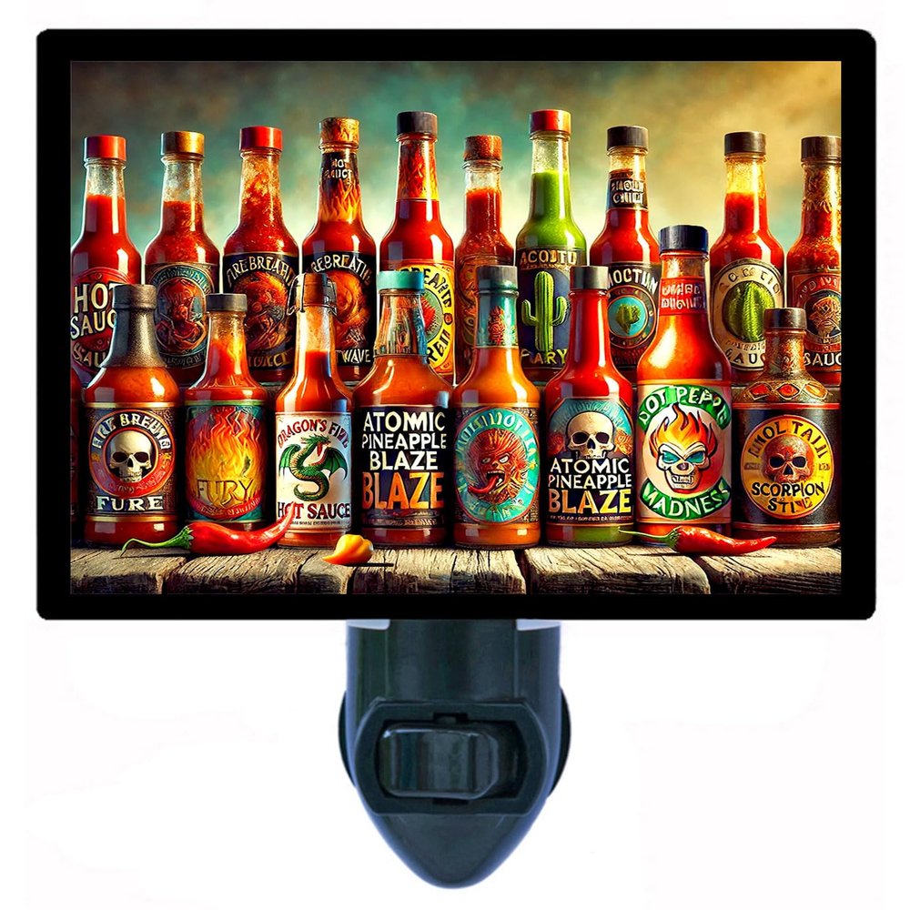 Hot Sauces Night Light Kitchen Design, Fully Enclosed, Rotating Plug, Glass Front, 4 Watt Bulb