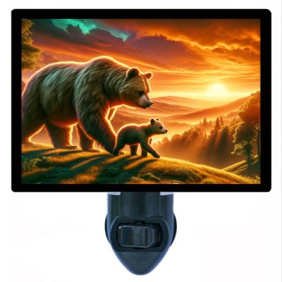 Brown Bear Sunset Night Light Wildlife Design, Fully Enclosed, Rotating Plug, Glass Front, 4 Watt Bulb