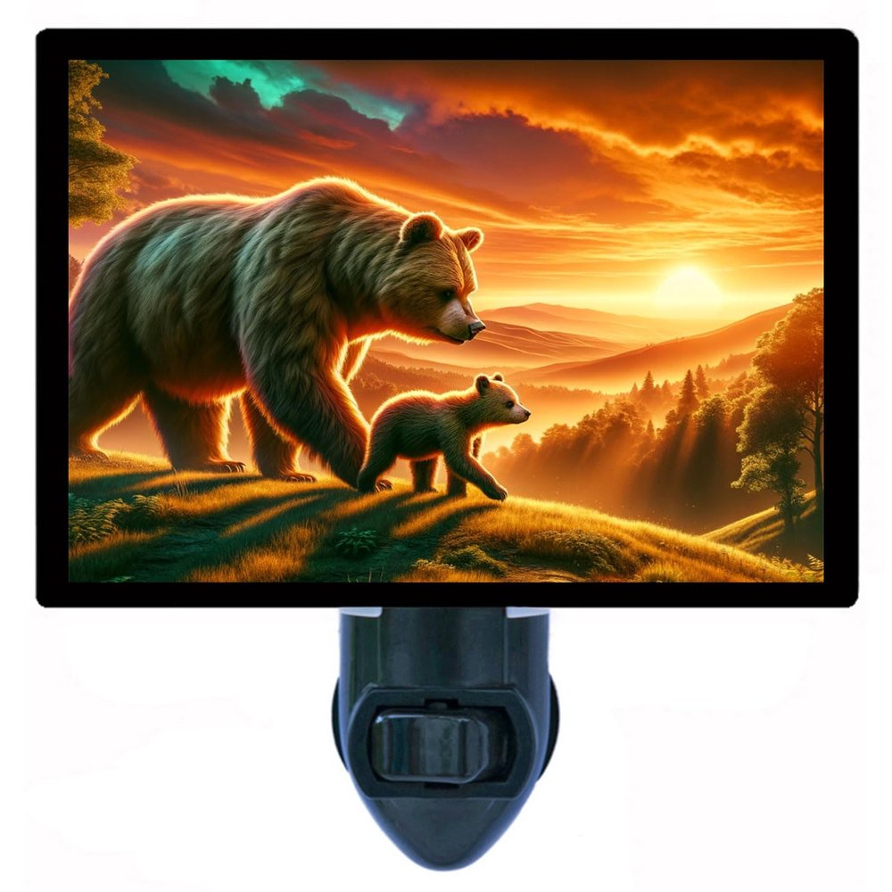Brown Bear Sunset Night Light Wildlife Design, Fully Enclosed, Rotating Plug, Glass Front, 4 Watt Bulb