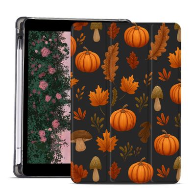 AdorableWhimsy Fall Leaves Pumpkin Mushroom Case for iPad 9th/7th/8th Generation(2021/2020/2019 10.2 Inch) Autumn Halloween Design Foldable Black Leather Case Soft Cover with Pencil Holder