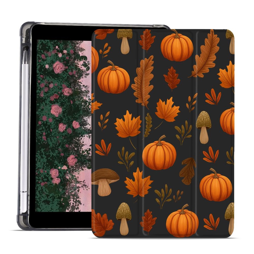 AdorableWhimsy Fall Leaves Pumpkin Mushroom Case for iPad 9th/7th/8th Generation(2021/2020/2019 10.2 Inch) Autumn Halloween Design Foldable Black Leather Case Soft Cover with Pencil Holder