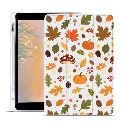AdorableWhimsy Fall Leaves Mushroom Case for iPad (A16) 11th Gen 2025 11" /iPad 10th Gen 2022 10.9" Pumpkin Acorns Autumn Design Foldable White Leather Case Soft Cover with Pencil Holder