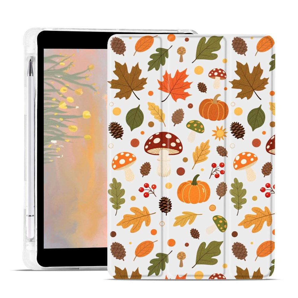 AdorableWhimsy Fall Leaves Mushroom Case for iPad (A16) 11th Gen 2025 11" /iPad 10th Gen 2022 10.9" Pumpkin Acorns Autumn Design Foldable White Leather Case Soft Cover with Pencil Holder