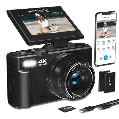 4K Digital Camera for Photography, 64MP Vlogging Camera for YouTube with 3" 180Flip Screen, 18X Digital Zoom HD Autofocus Compact Camera with WiFi,Flash,32GB TF Card & 2 Batteries(Black)