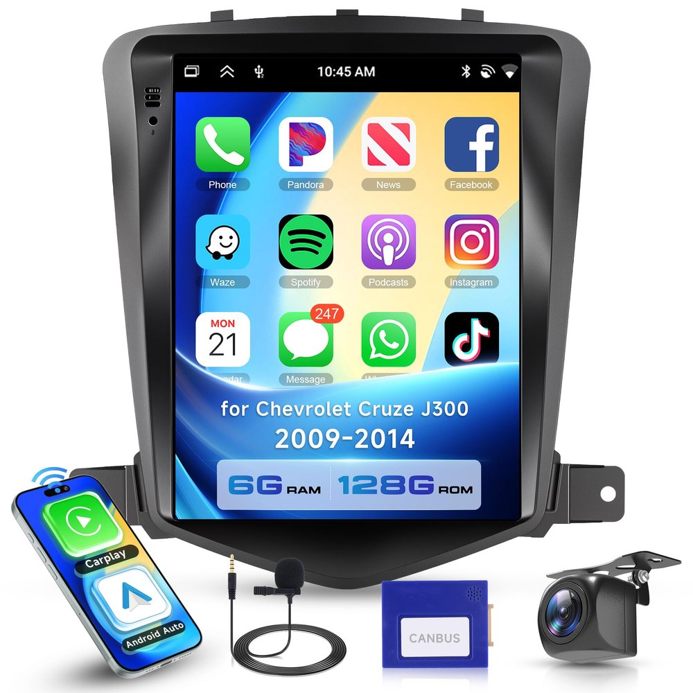 6G+128G Car Radio for Chevrolet Cruze J300 2009-2014 with Wireless CarPlay Android Auto, 9.7 Inch Touchscreen Android Car Stereo with GPS Navi WiFi Mirror Link SWC Bluetooth FM RDS DSP Backup Camera