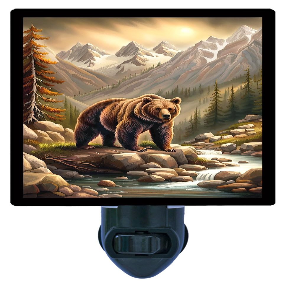 LED Night Light, Mountain Bear Wildlife Design, Fully Enclosed, Rotating Plug, Glass Front