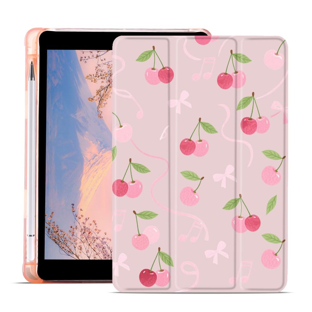 AdorableWhimsy Cute Girly Case for iPad (A16) 11th Generation 2025 11" /iPad 10th Generation 2022 10.9" Pink Cherry Aesthetic Design Leather Protective Case Foldable Soft Back Cover with Pencil Holder