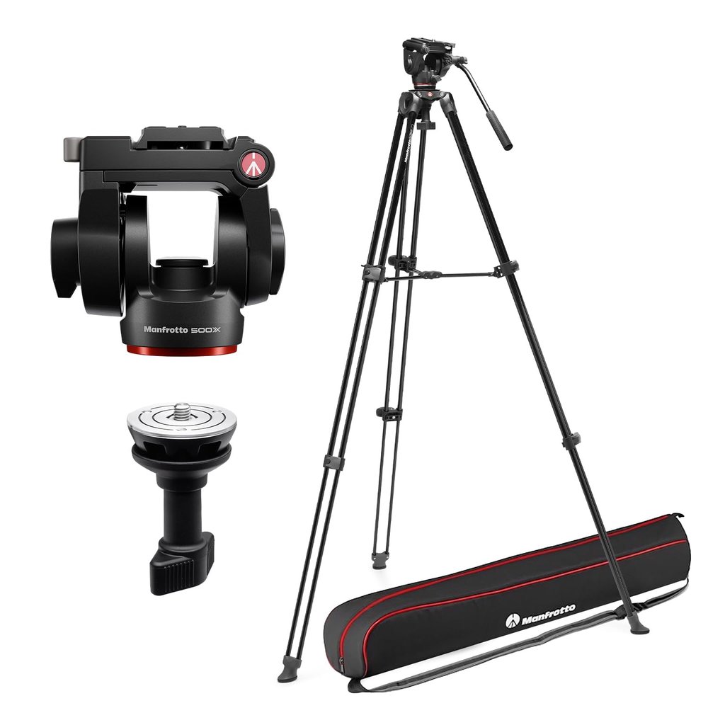Manfrotto 500X Video Kit, Fluid Head and Aluminum Twin Leg Tripod, 5kg Payload, Flat Base, Mid-Level Spreader, Quick Release Plate, Vertical/Horizontal Shooting, for Mirrorless Cameras, Bag Included
