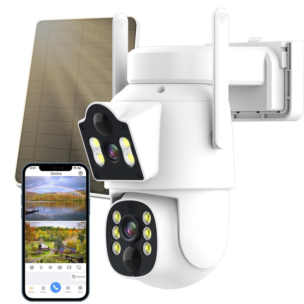 Dual Lens Solar Security Cameras Wireless Outdoor 4MP,360 PTZ View 2.4G/5G WiFi Home Security Camera Outside Solar Powered,PIR Motion Detection,Color Night Vision 2-Way Audio,IP66 No Subscription