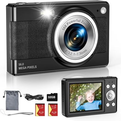 2025 Digital Camera-56MP FHD 1080P 16X Kids Digital Zoom, 32GB TF Card, Portable Mini Camera with 2 Batteries, Lanyard, Compact Small for Boys Girls