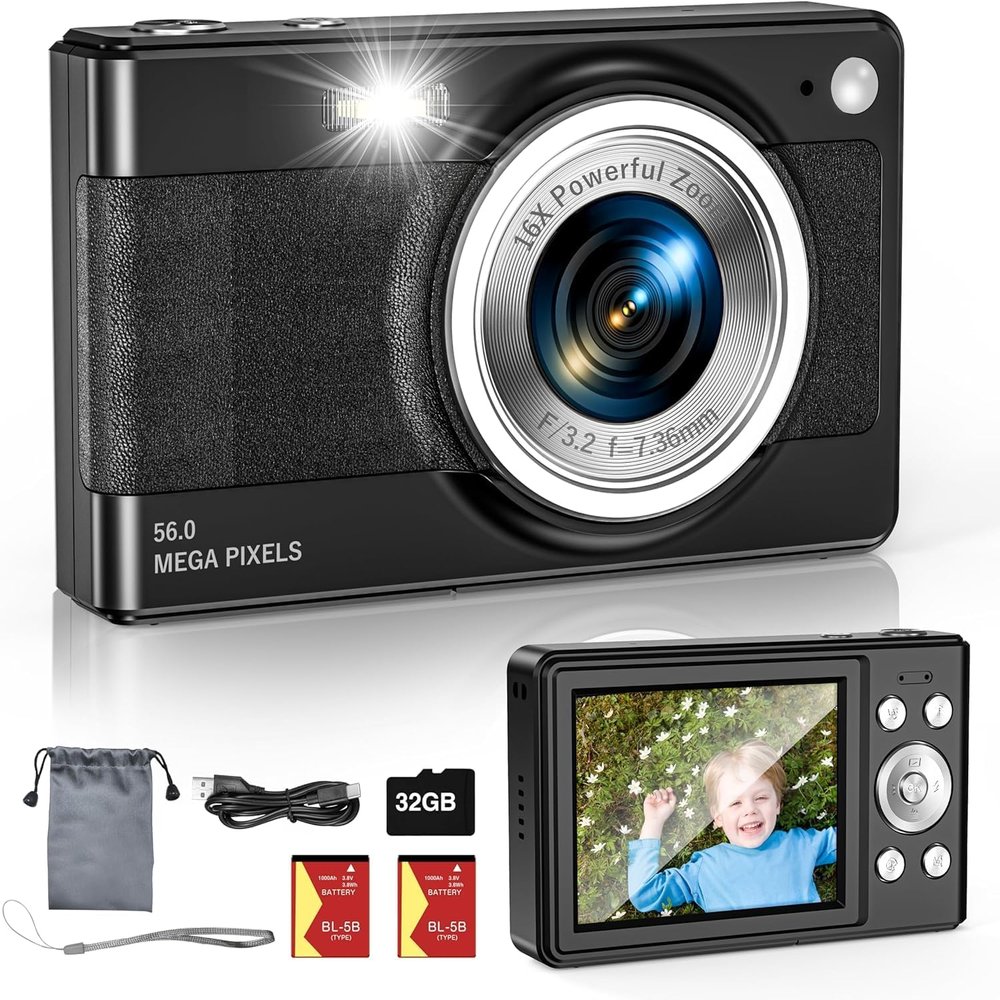 2025 Digital Camera-56MP FHD 1080P 16X Kids Digital Zoom, 32GB TF Card, Portable Mini Camera with 2 Batteries, Lanyard, Compact Small for Boys Girls