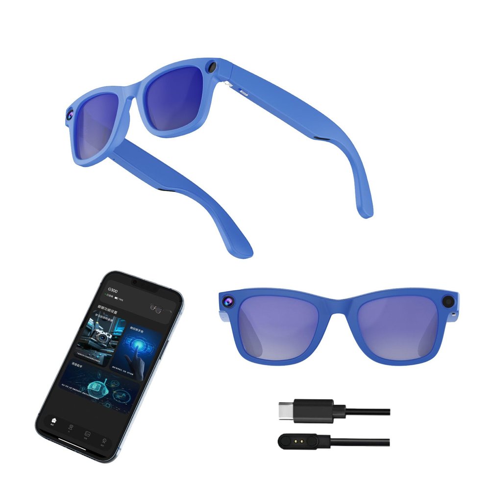 7 in 1 Smart Glasses with Camera, 8MP 32GB AI Smart Glasses 1080P Video Glasses with Bluetooth, Chat GPT, Audio & Voice Assistant, Real-time Translation, Sunglasses Lens for Men & Women (Blue, S)
