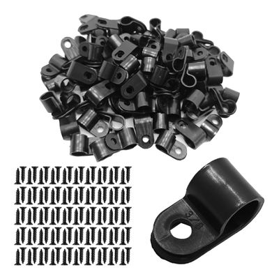 AUXBC 100Pcs R-Type Cable Clips 3/8" Black Nylon Plastic Wire Clamps with Mounting Screws, Cord Fastener Cable Management Organizer for Home Office Electrical Installation
