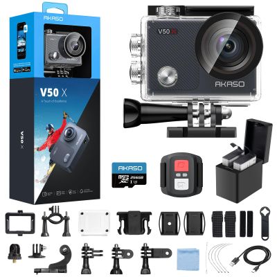 AKASO V50X Native 4K30fps WiFi Action Camera with EIS Touch Screen 4X Zoom 131 feet Waterproof Camera Support External Mic Remote Control with Helmet Accessories (with 256GB MicroSD Card)