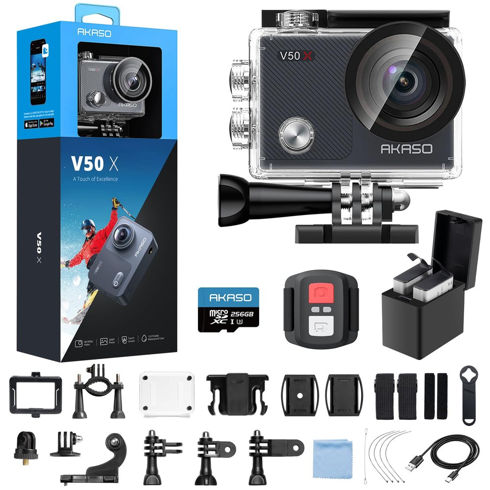 AKASO V50X Native 4K30fps WiFi Action Camera with EIS Touch Screen 4X Zoom 131 feet Waterproof Camera Support External Mic Remote Control with Helmet Accessories (with 256GB MicroSD Card)