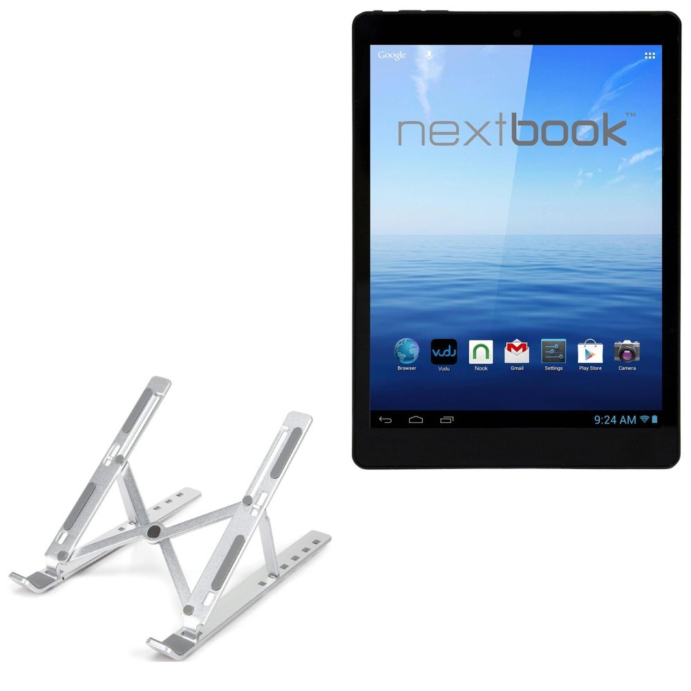 BoxWave Stand and Mount Compatible with E Fun Nextbook Ares 8 - Compact QuickSwitch Stand, Portable Multi Angle Viewing Foldable Riser - Metallic Silver