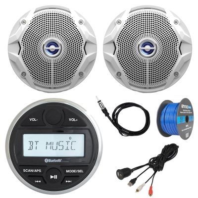 JBL PRV-175 Marine Gauge Hole Mount USB Bluetooth AM/FM Digital Stereo Receiver, 6.5" 180 Watt Max Power Dual Cone White Audio Speakers, Wire (Pair, Bulk Packaging), USB/AUX Adapter, Antenna