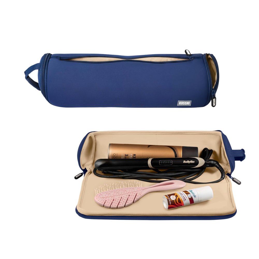 KUSSHI Travel Hair Tools Case - Heat Resistant, Machine Washable Neoprene Hair Accessories Case For Hot Tools, Flat Irons and Airwrap-Style Tools (Navy/Khaki)