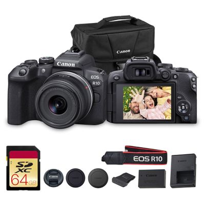 Canon EOS R10 Mirrorless Camera Kit with RF-S 18-45mm Lens | 24.2MP APS-C, 4K Video, Dual Pixel AF, 15fps Burst, Perfect for Beginner Photographers & Vloggers (5331C009) + 64GB Card + Shoulder Bag
