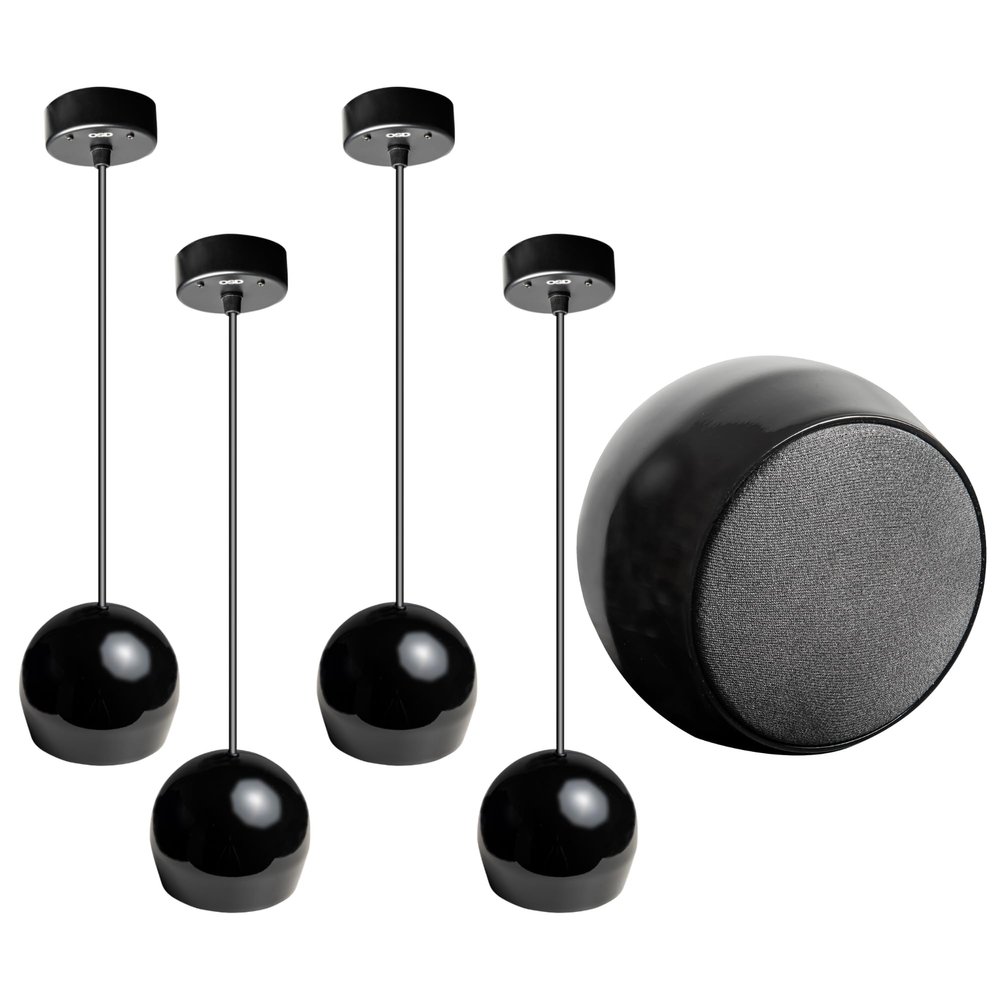 OSD Sphere3 Pendant Speaker Bundle  4 Pack, 3.5 Gloss Black Hanging Speakers with 70V/8 Transformer, Sleek Modern Design for Restaurants, Retail & Commercial Spaces
