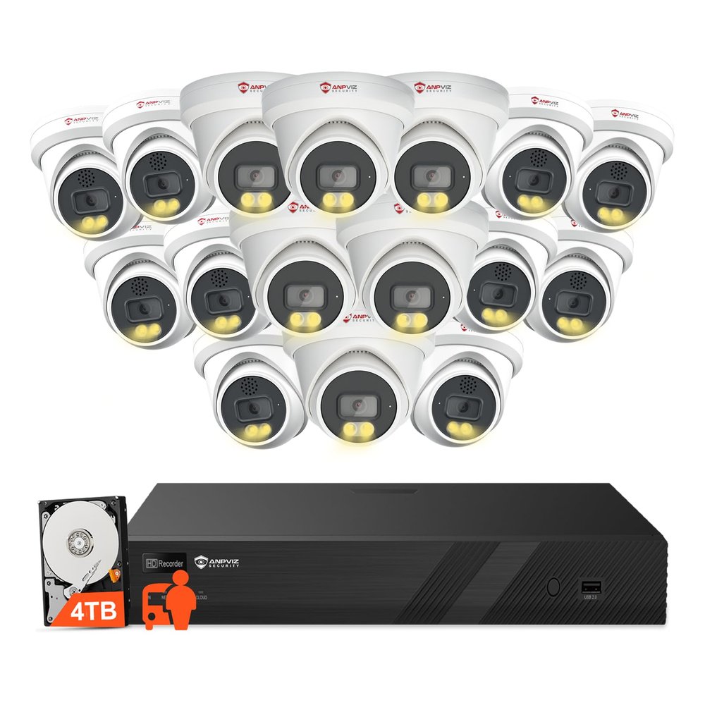 Anpviz 16CH 4K PoE Security Camera System, 16pcs 8MP Wired PoE IP Cameras with Two Way Audio, 100FT Smart Color Night Vision, Human Vehicle Detection, 4K/8MP 16CH NVR Pre-Installed 4TB HDD (U Series)