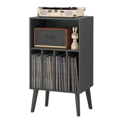 Wooden LP Record Player Stand with 4 Cabinets Record Storage Holder & Organizer Table Wood End Table with Turntable Space Long-Lasting(Gray)