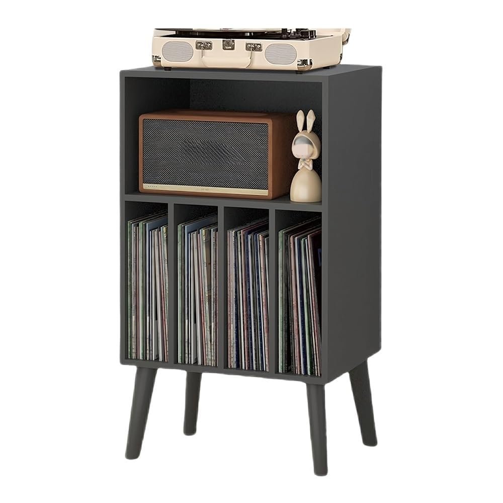 Wooden LP Record Player Stand with 4 Cabinets Record Storage Holder & Organizer Table Wood End Table with Turntable Space Long-Lasting(Gray)