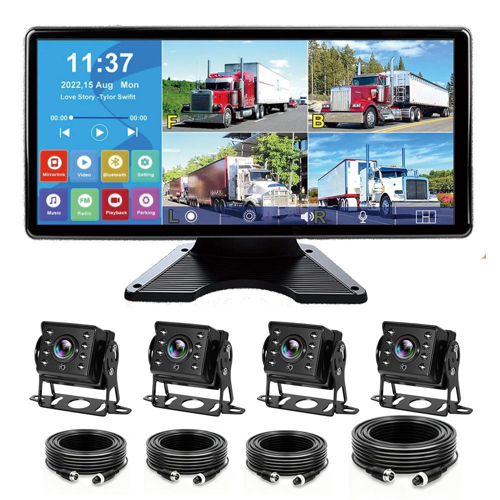 10.36'' 4K RV Backup Camera System with 4 1080P Cameras, Built-in DVR Loop Recording, Bluetooth MP5, Night Vision, IP69 Waterproof for Truck Trailer Camper