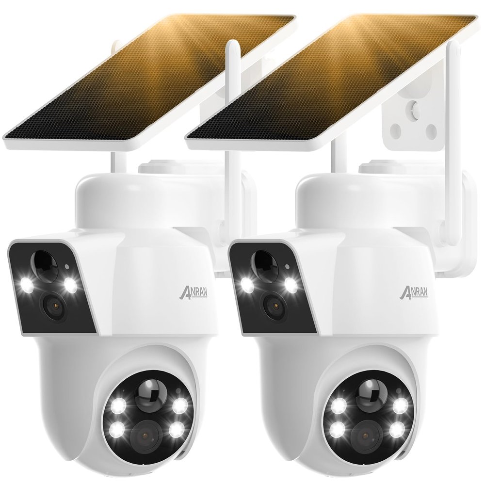 ANRAN 2 Pack Dual-Lens Solar Security Camera Wireless Outdoor - 3MP Fixed Wide-Angle + PTZ 360 View, Home Security Camera with Color Night Vision, 2-Way Talk, PIR Motion Detection, 100% Wire-Free