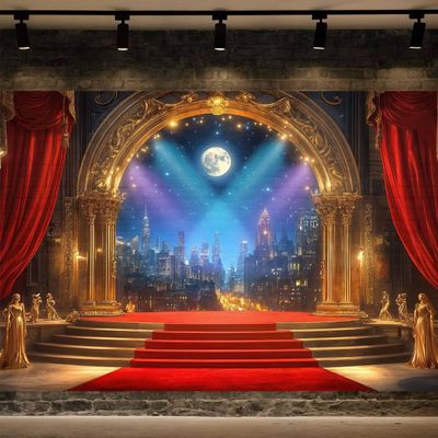 10X10ft Movie Night Backdrop Red Carpet Moonlight Skyline Stage Theme Party Photography Background Children Star Movie Theme Party Photography Decoration Photo Shoot Props