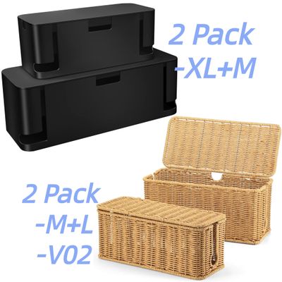 2Pack Cord Organizer Box - Extra Large and Medium Size & 2Pack Large Handwoven Imitation Rattan Cord Organizer Wire Hider Box Bundle