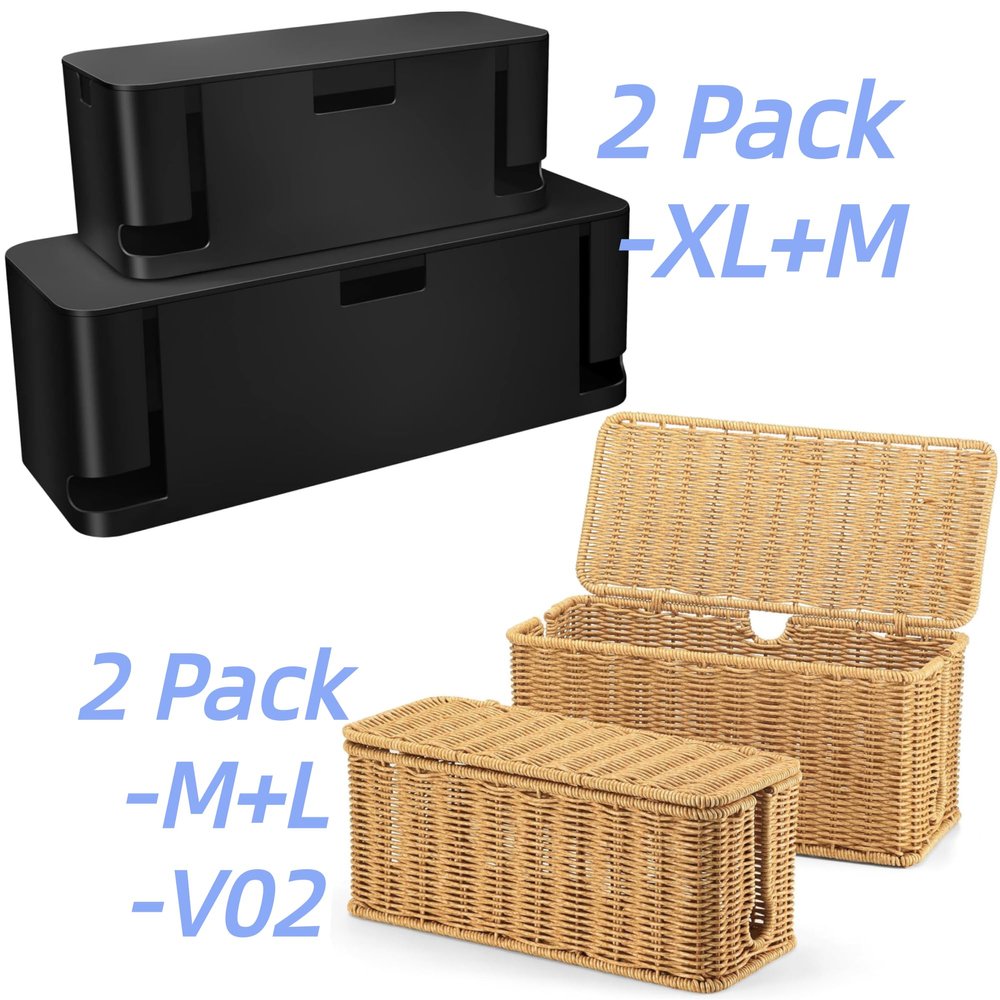 2Pack Cord Organizer Box - Extra Large and Medium Size & 2Pack Large Handwoven Imitation Rattan Cord Organizer Wire Hider Box Bundle