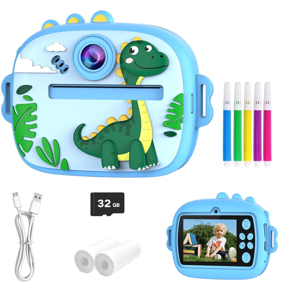 Kids Camera with Instant Print, Front & Rear Dual Cameras, Portable Travel Digital Toy, Birthday for Girls & Boys Ages 3-12 (32GB SD Card)