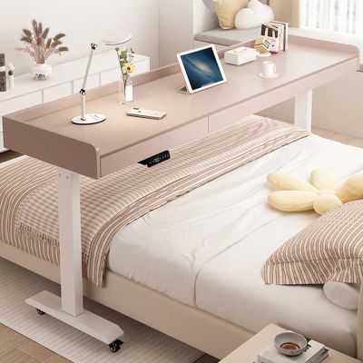 Adjustable Height Mobile Over Bed Desk, Electric Lift Solid Wood Laptop Table Multi-Purpose Rolling Overbed Table with Wheels for Study, Work, and Breakfast in Bed(Light Brown,150cm/59in)