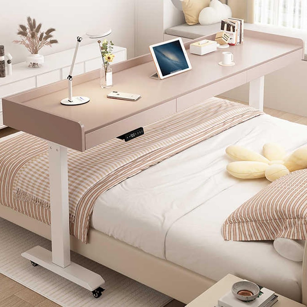 Adjustable Height Mobile Over Bed Desk, Electric Lift Solid Wood Laptop Table Multi-Purpose Rolling Overbed Table with Wheels for Study, Work, and Breakfast in Bed(Light Brown,150cm/59in)