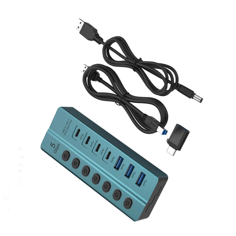 7 Port USB3.0 Splitter with Individual Switches USB3.0 Charging Port USB Power Adapter Extension for PC Metal USB Splitter with Ports