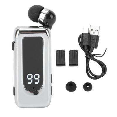 ciciglow Retractable Wireless Headphone, Stereo Lavalier Headset with Noise Cancelling Mic, LED Power Display, Bluetooth 5.4 Clip on Earpiece for Business Driving (Silver)