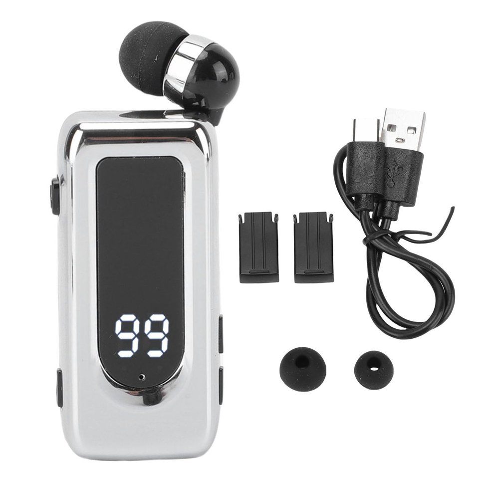 ciciglow Retractable Wireless Headphone, Stereo Lavalier Headset with Noise Cancelling Mic, LED Power Display, Bluetooth 5.4 Clip on Earpiece for Business Driving (Silver)