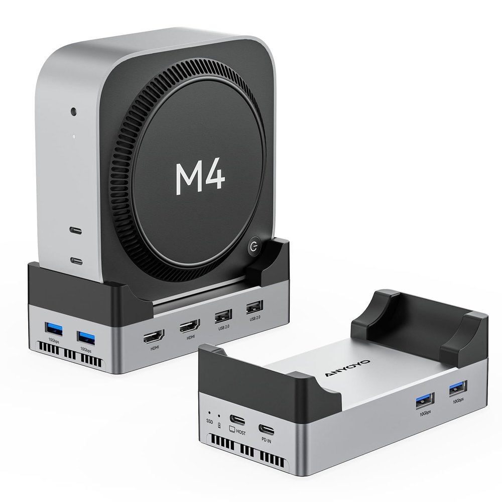 ANYOYO 40Gbps Mac mini M4 Dock and Stand with M.2 NVMe SSD Enclosure, Dual HDMI 4K@60Hz, 4USB-A 3.1(10Gbps), 2USB-A 2.0, Wi-Fi Signal Friendly Design, Aluminum USB-C Hub for Mac mini M4