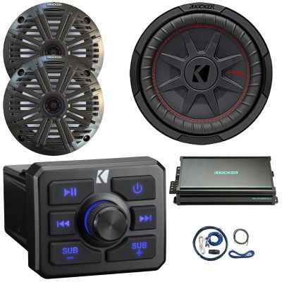 KICKER 51KBTR Marine Bluetooth Powersport USB/AUX Sub RCA Outputs Receiver, 2X 6.5 195W Max Power 4 Ohm Coaxial Speakers W/2x Charcoal Grille, 10" 800W Max DVC Subwoofer, 4-Channel Amplifier W/Kit