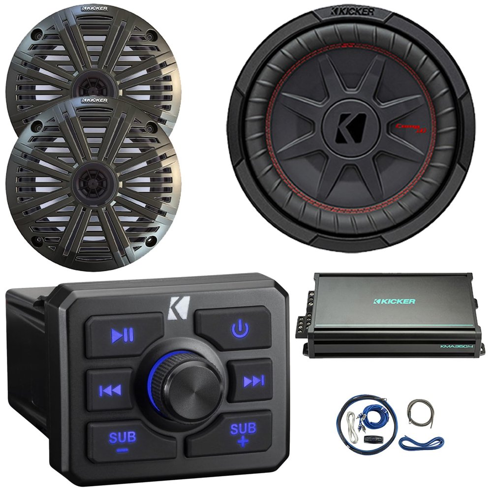 KICKER 51KBTR Marine Bluetooth Powersport USB/AUX Sub RCA Outputs Receiver, 2X 6.5 195W Max Power 4 Ohm Coaxial Speakers W/2x Charcoal Grille, 10" 800W Max DVC Subwoofer, 4-Channel Amplifier W/Kit